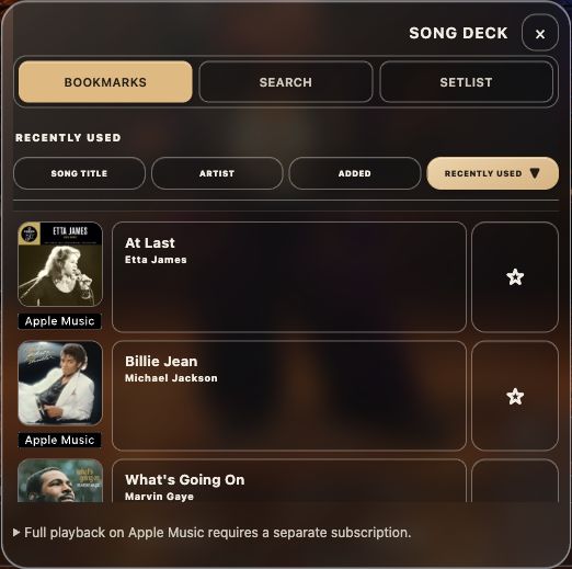 Actual Song Deck bookmarks screen